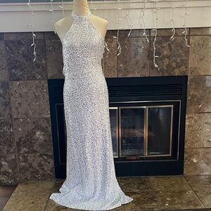 $328 Aqua White Sequin Embellished Dress Size Medium social ready !